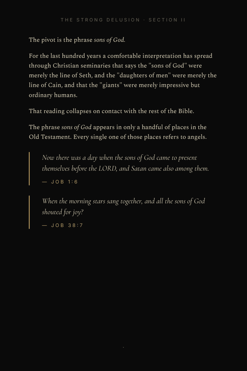 Page 12 of The Strong Delusion: the argument that the sons of God in the Old Testament are angels, with Job 1:6 and Job 38:7 quoted in full.