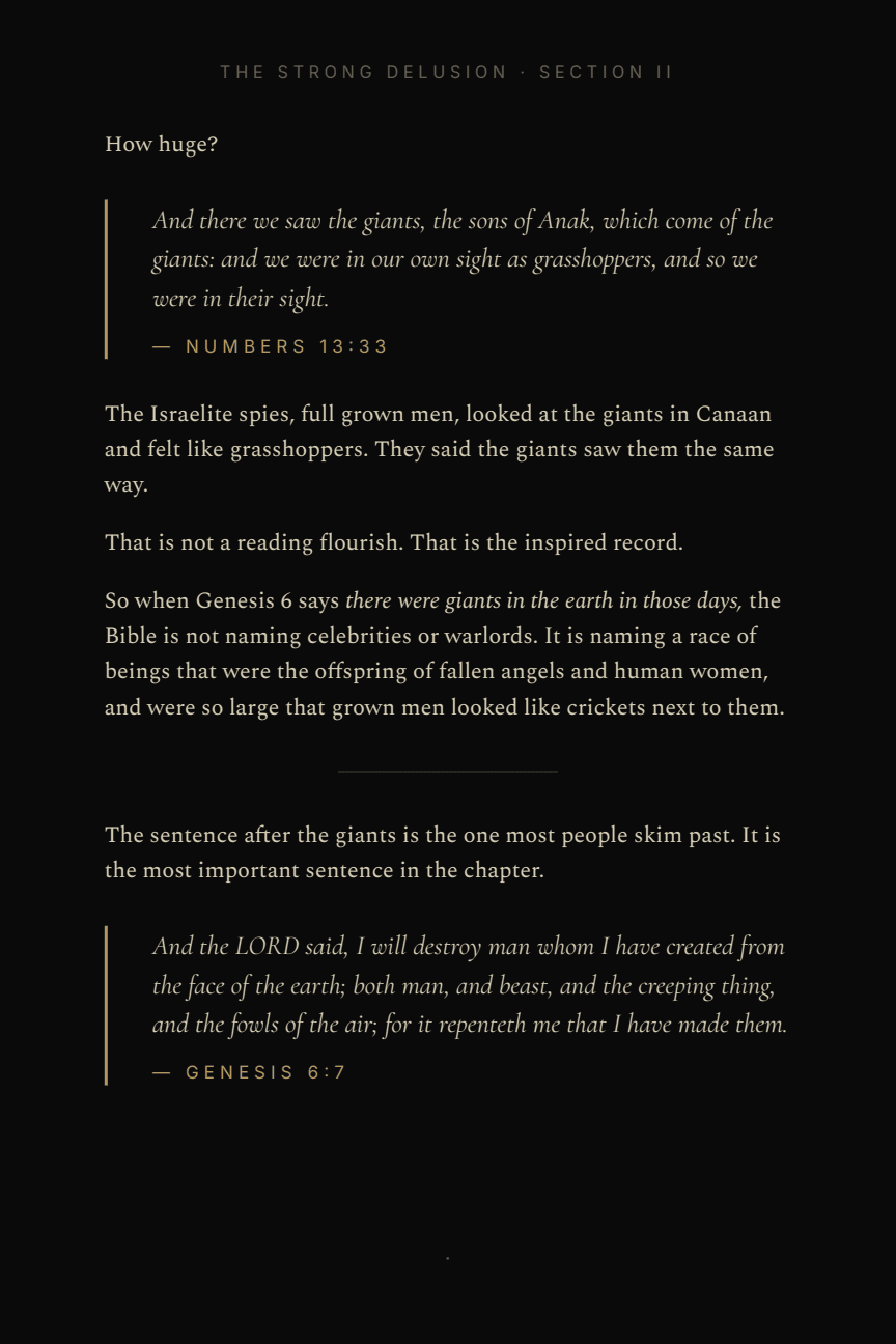 Page 14 of The Strong Delusion: Numbers 13:33 on the giants of Canaan beside Genesis 6:7, arguing the giants of Genesis 6 were the offspring of fallen angels.